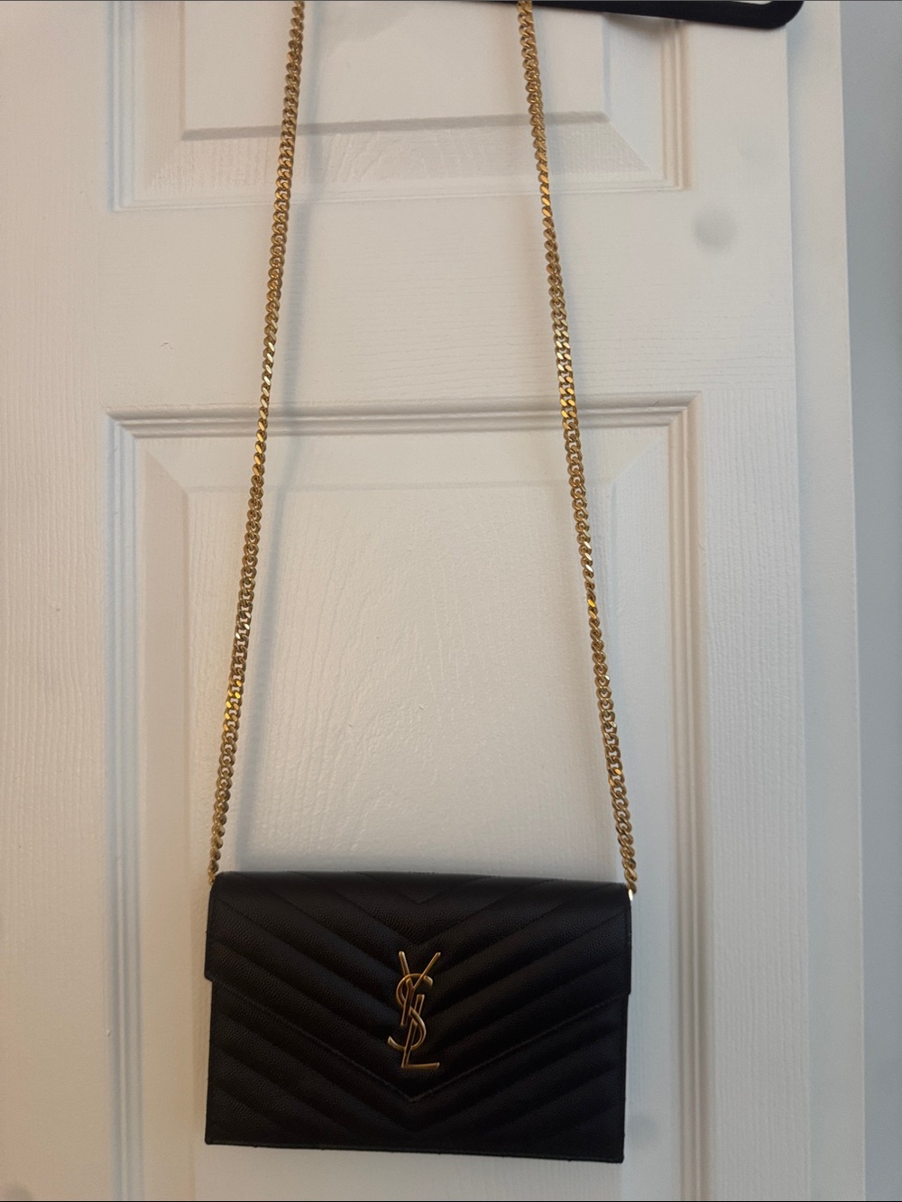 Saint Laurent Black Quilted Leather Crossbody with Gold Chain